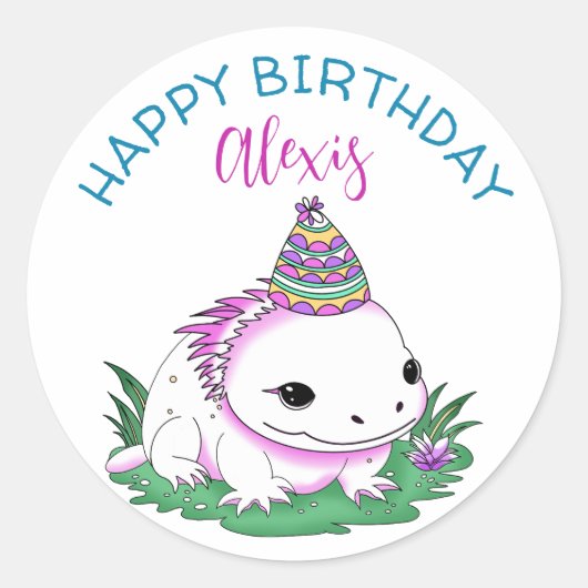 Sticker Rond Anniversaire de la fille à thème Axolotl personnal (Devant)