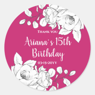 Sticker Rond Anniversaire de la magenta florale blanche