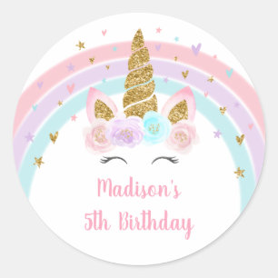 Sticker Rond Anniversaire de l'Unicorn Rainbow Pink Gold