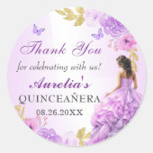 Sticker Rond Anniversaire de Quinceanera à fleurs violettes et  (Devant)
