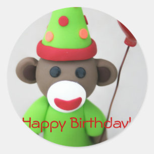 Sticker Rond Anniversaire de singe de chaussette joyeux avec le