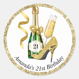 Sticker Rond Anniversaire des femmes en talons d'or et champagn