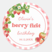 Sticker Rond Anniversaire des fraises roses En vichy (Devant)