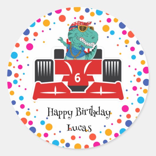 Sticker Rond Anniversaire Dinosaur race voiture garçon course r (Devant)