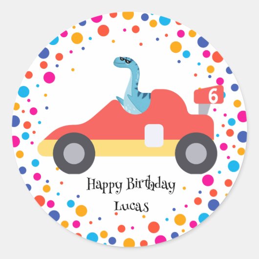 Sticker Rond Anniversaire Dinosaur race voiture garçon course r (Devant)