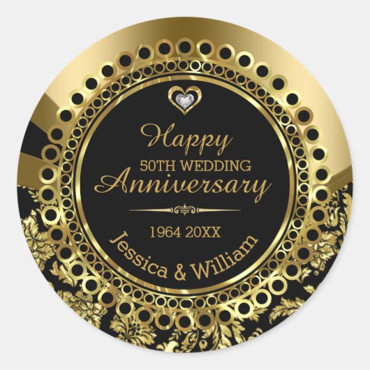 Sticker Rond Anniversaire du 50e Mariage Ornament Noir & Or (Devant)