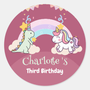Sticker Rond Anniversaire du ballon arc-en-ciel Cute Dinosaur U