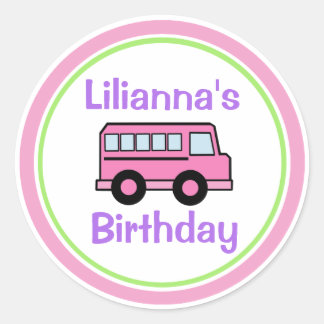 Sticker Rond Anniversaire du bus scolaire rose