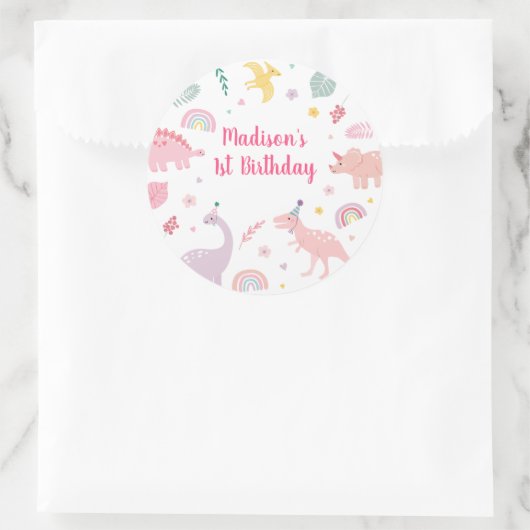 Sticker Rond Anniversaire du Dinosaure Boho Rose (Sac)