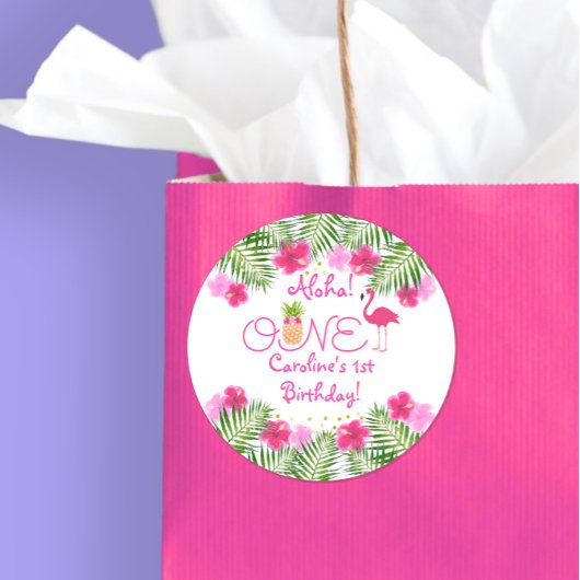 Sticker Rond Anniversaire du Flamant rose tropical Luau