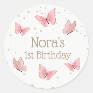 Sticker Rond Anniversaire du papillon rose