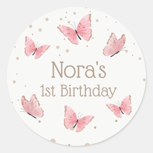 Sticker Rond Anniversaire du papillon rose (Devant)