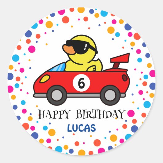 Sticker Rond Anniversaire DUCK race car garçon course rouge nom (Devant)