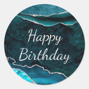 Sticker Rond Anniversaire en marbre d'agate pailleté de teal et