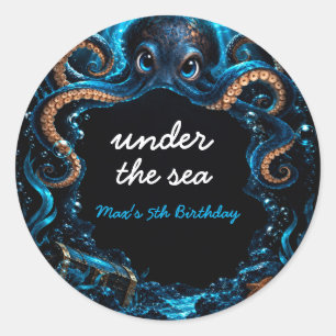 Sticker Rond Anniversaire Enfant Vie Marine Pieuvre Mignonne Oc