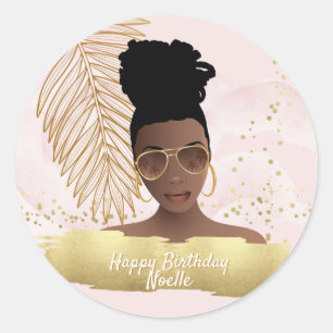 Sticker Rond Anniversaire, Femme Noire, Feuille Tropicale Dorée