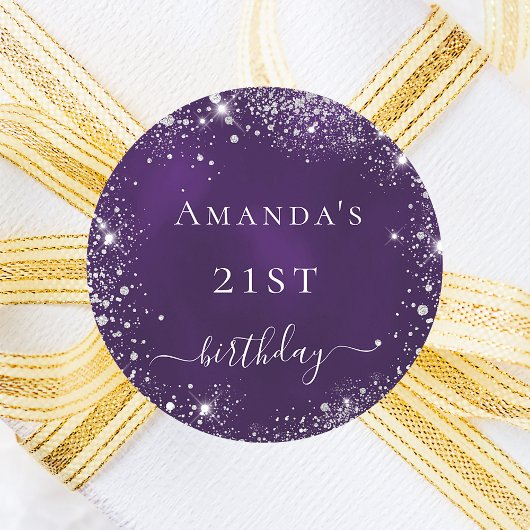 Sticker Rond Anniversaire fête violet argent nom de la parties 