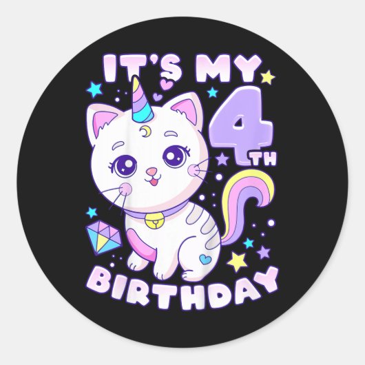 Sticker Rond Anniversaire Fille 4 ans, Chat, Unicorne, 4e naiss (Devant)