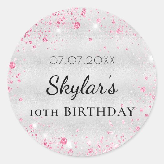 Sticker Rond Anniversaire fille parties scintillant rose argent (Devant)