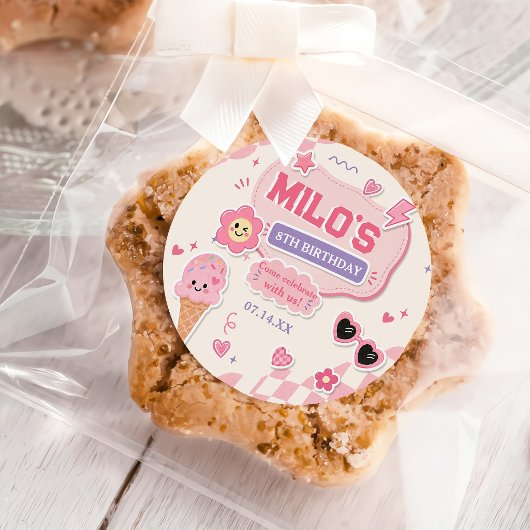 Sticker Rond Anniversaire Fille Rose Rétro