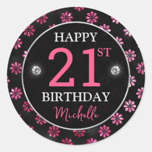 Sticker Rond Anniversaire Fleurs Noires et Paillettes Rose Chau