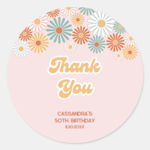 Sticker Rond Anniversaire Floral Rétro Daisy Boho Groovy