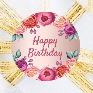Sticker Rond Anniversaire floral rose or rose rousse rose viole
