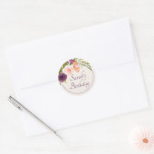 Sticker Rond Anniversaire floral rose violet élégant (Enveloppe)
