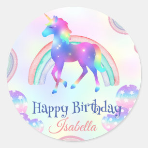 Sticker Rond Anniversaire galaxie arc-en-ciel unicorn Party for