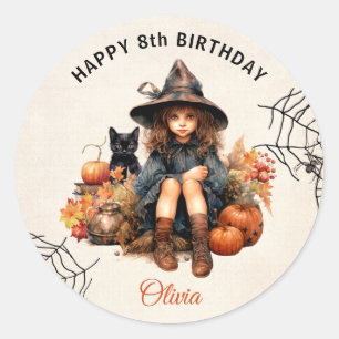 Sticker rond Anniversaire Halloween Little Witch