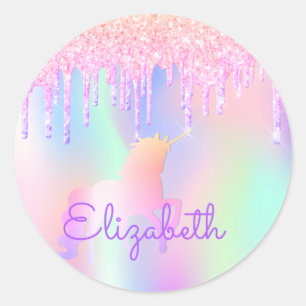 Sticker Rond Anniversaire holographique rose Unicorn
