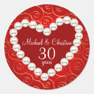 Sticker Rond Anniversaire imprimé Faux perle rouge et or
