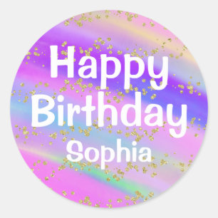Sticker Rond Anniversaire Licorne Féminin Paillettes Dorées