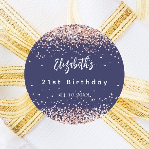 Sticker Rond Anniversaire marine bleu rose nom or