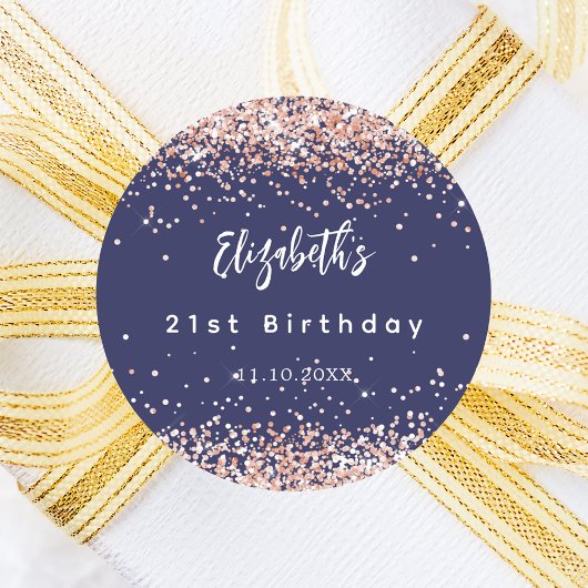 Sticker Rond Anniversaire marine bleu rose nom or