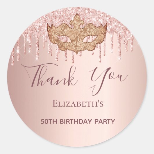 Sticker Rond Anniversaire masqué rose or parties scintillant Me (Devant)