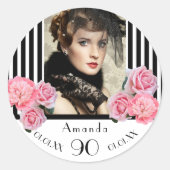 Sticker Rond Anniversaire noir blanc rayures florales photo (Devant)