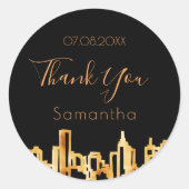 Sticker Rond Anniversaire noir or ville skyline moderne merci (Devant)