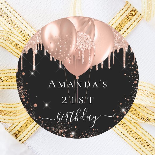 Sticker Rond Anniversaire noir rose or parties scintillant ball