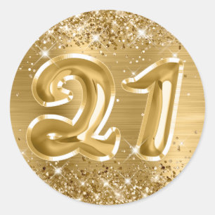 Sticker Rond Anniversaire Numéro 21 en Feuille d'Or Pailleté