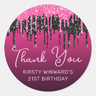 Sticker Rond Anniversaire Paillettes Coulantes Rose Chaud et No