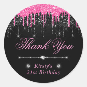 Sticker Rond Anniversaire Paillettes Noires et Roses qui Coulen