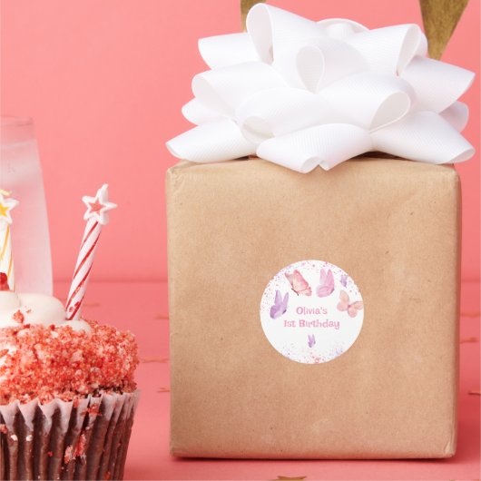 Sticker Rond Anniversaire Papillon Rose Violet  (Fête)