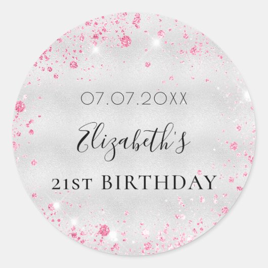 Sticker Rond Anniversaire parties scintillant rose argent nom d (Devant)