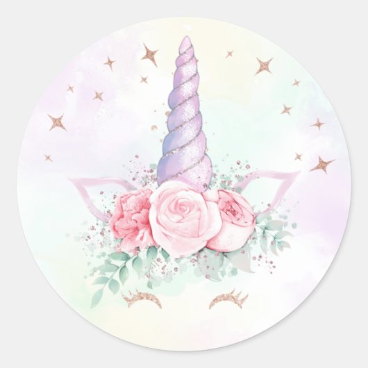 Sticker rond Anniversaire Pastel Rainbow Unicorn (Devant)