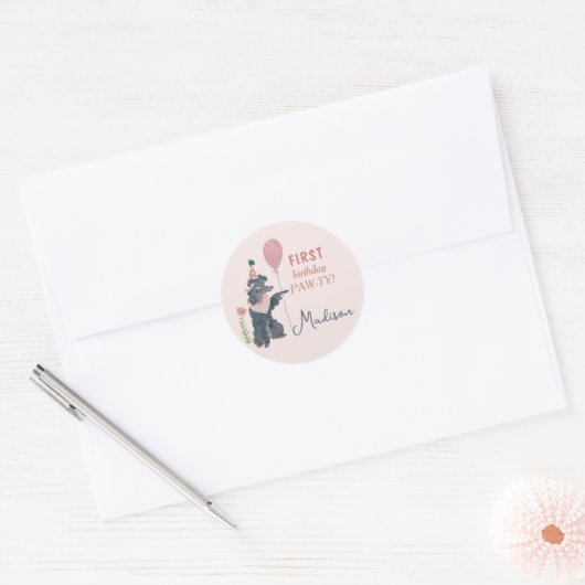Sticker Rond Anniversaire Paw-ty mignon chiot chien Classic Rou (Enveloppe)