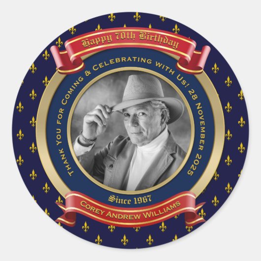 Sticker Rond Anniversaire Photo Or 70 Soixante-dix Bleu (Devant)
