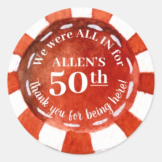 Sticker Rond Anniversaire Poker Chip Rouge Merci Blanc Classic (Devant)