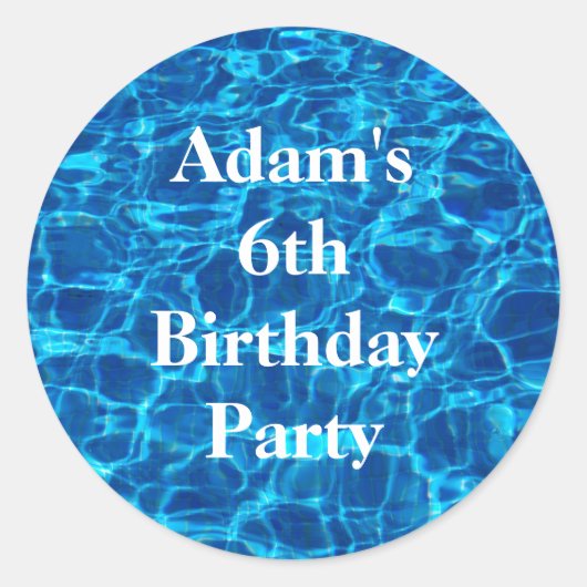 Sticker Rond Anniversaire Pool Party Blue Water Nom personnalis (Devant)