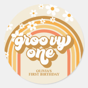 Sticker Rond Anniversaire Rétro Groovy Un Arc-en-ciel Brun Oran